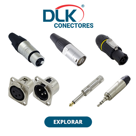 Linha de Plugs e Conectores de áudio DLK - Sonorização Variedade de conectores elétricos da marca DLK CONECTORES, apresentados contra um fundo branco, destacando a diversidade e qualidade para aplicações profissionais, com um botão ‘EXPLORAR’ para mais informações.