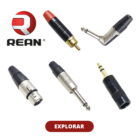 Linha de Plugs e Conectores de áudio Rean - Sonorização Variedade de conectores de áudio da marca REAN, incluindo plugues RCA, XLR e P10, apresentados em um fundo branco com o logo da REAN e um botão ‘EXPLORAR’ para mais informações.
