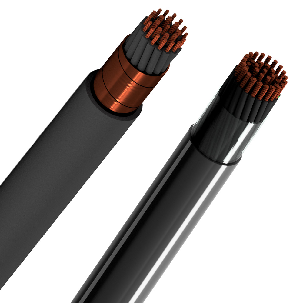 Dois cabos de controle pretos, expondo os fios internos coloridos e a blindagem de alumínio ou cobre.