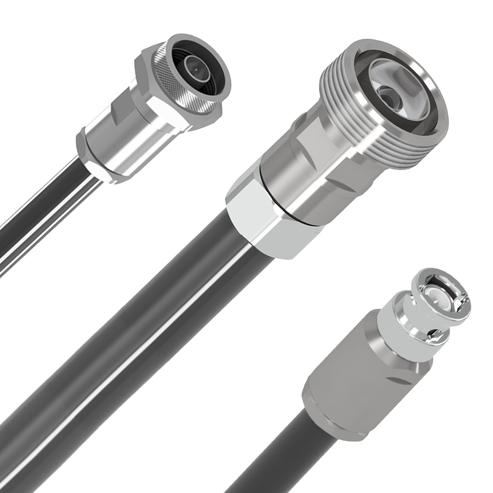 Cabos jumpers coaxiais com conectores coaxiais metálicos, enrolado e marcado com indicadores vermelhos, destacando a qualidade e precisão para uso em telecomunicações e conexões de áudio/vídeo.