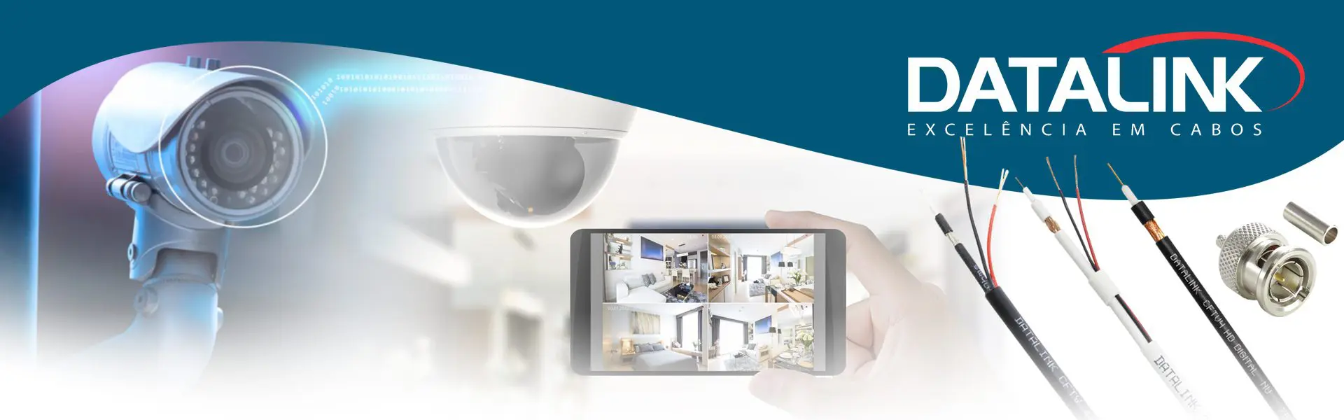 BANNER CFTV Ao fundo, possuímos algumas imagens ilustrando o uso de CFTV, como câmeras e telas de vigilância, a frente, temos alguns cabos: Cabo CFTV 4 Coaxial Branco e preto, Cabo CFTV 4 Coaxial+ 2×24 AWG Branco.