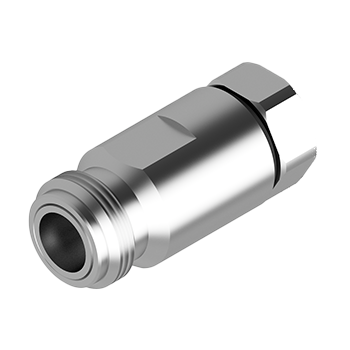 Conector coaxial C009 N Fêmea metálico prateado com estrutura cilíndrica e ranhuras na parte superior, destacando o acabamento brilhante e polido.