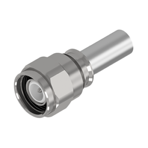 Conector coaxial C036 TNC Macho de metal prateado com design polido, destacando uma extremidade cilíndrica lisa e uma ponta roscada robusta, compatível com cabos DLC58, LMR195 e RG58, projetado para montagem por solda ou crimpagem.