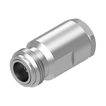 Conector coaxial C045 N Fêmea de metal prateado com roscas externas para conexão segura. O conector é usado em aplicações de telecomunicações e transmissão de dados.