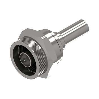 Conector coaxial C049 N Macho metálico de alta qualidade, com textura canelada e pino central para transmissão de sinal.
