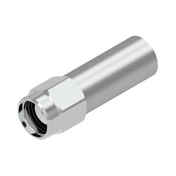 Conector coaxial C051 SMA Macho reverso prateado cilíndrico com extremidade roscada e pino central, isolado contra um fundo branco.