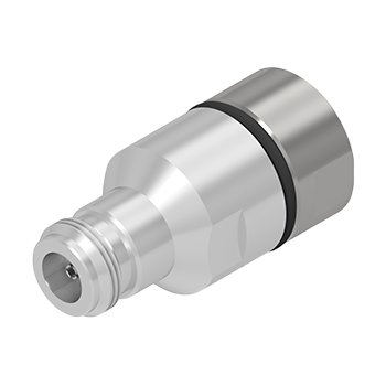 Conector coaxial C128 DIN macho metálico prateado com anéis de isolamento pretos, terminal interno dourado visível, indicando novo ou bem conservado, isolado em fundo branco.