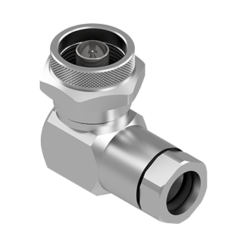 Conector de cabo coaxial C139 metálico em forma de ‘L’, com textura ranhurada e abertura circular para inserção do cabo, ideal para instalações com espaço limitado.