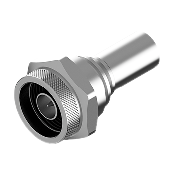Conector de cabo coaxial C139 metálico em forma de ‘L’, com textura ranhurada e abertura circular para inserção do cabo, ideal para instalações com espaço limitado.