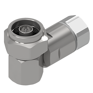 Vista em close-up de um conector de cabo coaxial C308 DIN fêmea metálico prateado com rosca intrincada e pino central, isolado em um fundo branco.