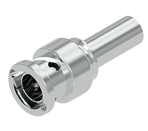 Conector coaxial C128 DIN macho metálico prateado com anéis de isolamento pretos, terminal interno dourado visível, indicando novo ou bem conservado, isolado em fundo branco.