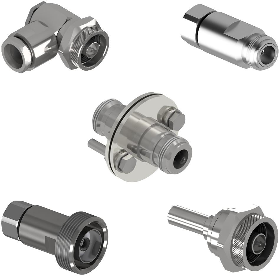 Diversos tipos de conectores de cabo coaxial metálicos sobre um fundo branco, incluindo adaptadores de ângulo reto e conectores retos com detalhes em vermelho, destacando a precisão do design e a funcionalidade para conexões seguras.