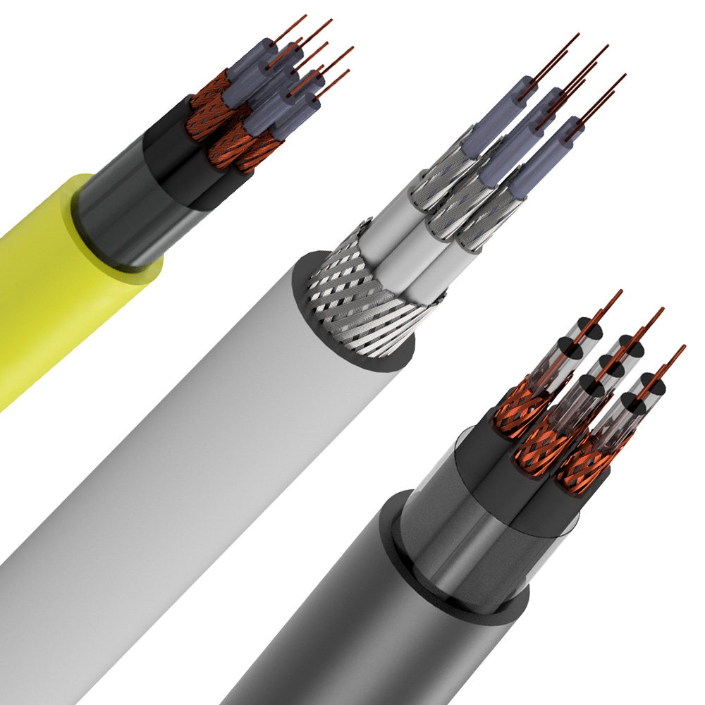 Três tipos de cabos multicoaxiais cortados sobre fundo branco. Cabo à esquerda com capa amarela e fios coloridos isolados; cabo do meio preto com múltiplos fios finos; e cabo à direita com blindagem trançada de metal, tipo coaxial.