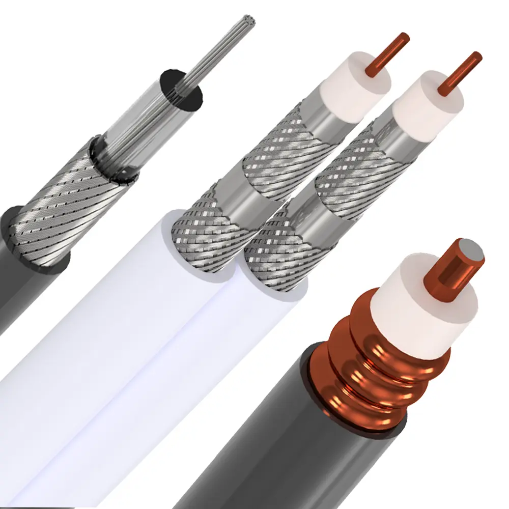 Cabos coaxiais 50 Ohms cortados exibindo suas camadas internas, com destaque para blindagem e isolamento, mostrando a robustez e a precisão na construção para aplicações de comunicação.