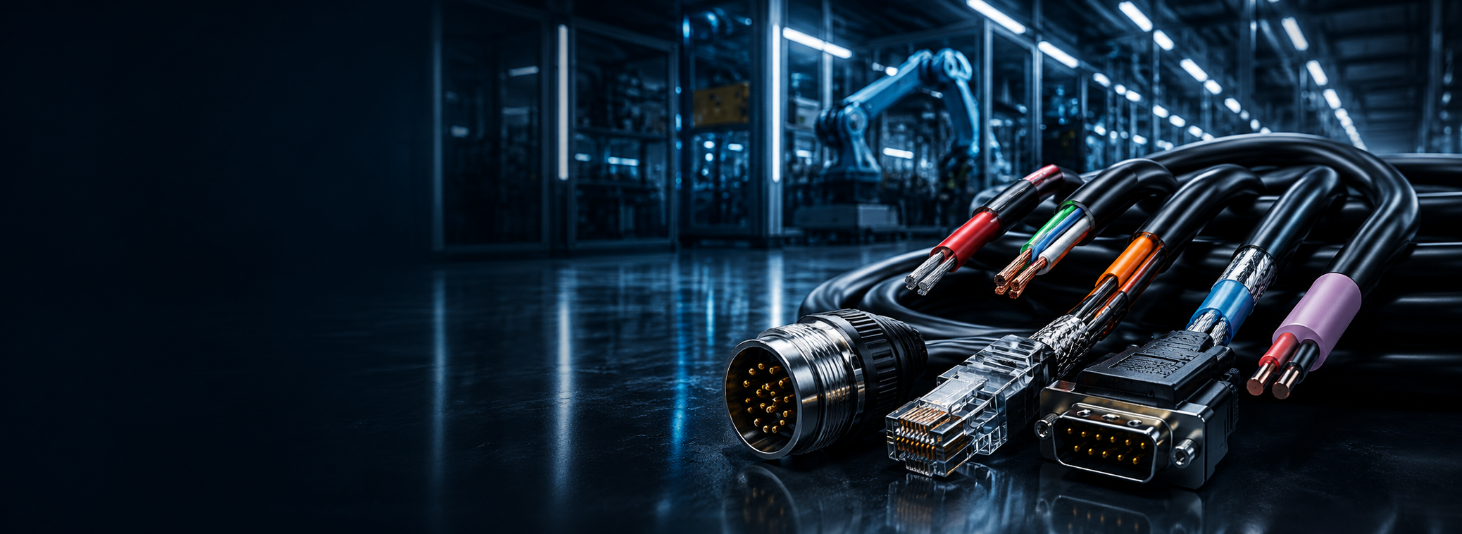 Um ambiente de manufatura ou laboratório de alta tecnologia, com braços robóticos e interfaces avançadas, todos em tons de azul, sugerindo um ambiente controlado e inovador.