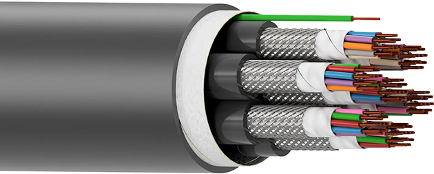 cabo Multibeam mostrando subunidades com vias coloridas, blindagem individual em trança e capa própria, enfaixamento geral e cobertura externa cinza.