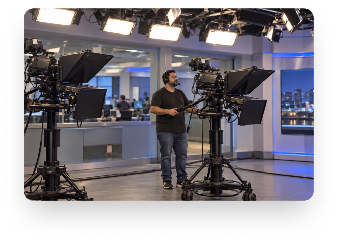 Operador de câmera em estúdio de televisão com câmeras de estúdio, teleprompters e iluminação profissional.