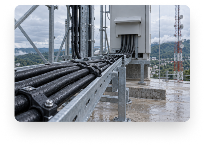 Cabos pretos de telecomunicações instalados numa torre de antenas