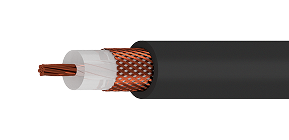 Cabo coaxial RG213 com CI cordinha cobre, trança cobre e capa PVC preto.