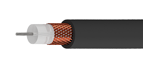 Cabo coaxial RG11 com CI de cobre Sn, trança de cobre nu e capa PE ou PVC preto.