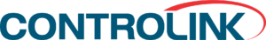 Logotipo da CONTROLINK em azul, com um arco vermelho começando no 'C' e terminando no 'K'.