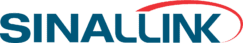 Logotipo da SINALINK com texto azul em letras maiúsculas e uma linha curva vermelha acima do texto.