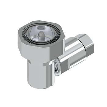 Imagem de um conector C309 DIN Macho Angular metálico, em formato de 90 graus, ideal para conectar Cabo Coaxial em locais de difícil acesso sem perda de sinal.