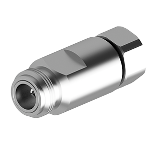 Conector coaxial C057 N Fêmea metálico prateado, cilíndrico com roscas externas, projetado para transmissão de sinais de áudio e vídeo em instalações de cabo e antena.