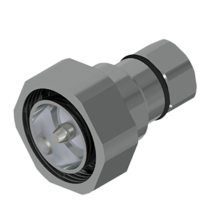 Imagem de um conector C058 DIN Macho metálico, robusto e rosqueado, utilizado para fixação de Cabo Coaxial em sistemas de transmissão de alta potência.