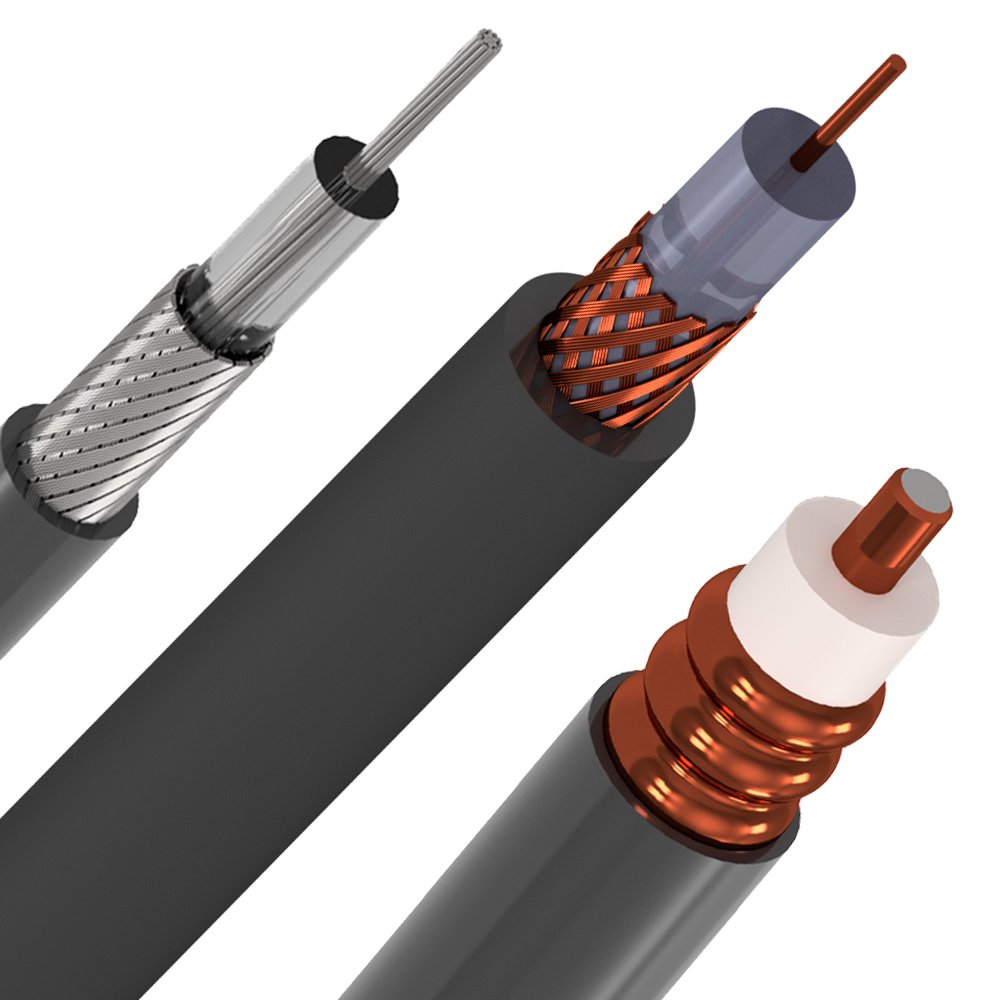 50 Ohms Cabos coaxiais 50 Ohms cortados exibindo suas camadas internas, com destaque para blindagem e isolamento, mostrando a robustez e a precisão na construção para aplicações de comunicação.