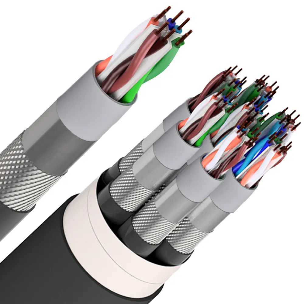 Multicabo com revestimento preto, blindagem trançada metálica e diversos condutores internos coloridos, isolados e organizados em pares.