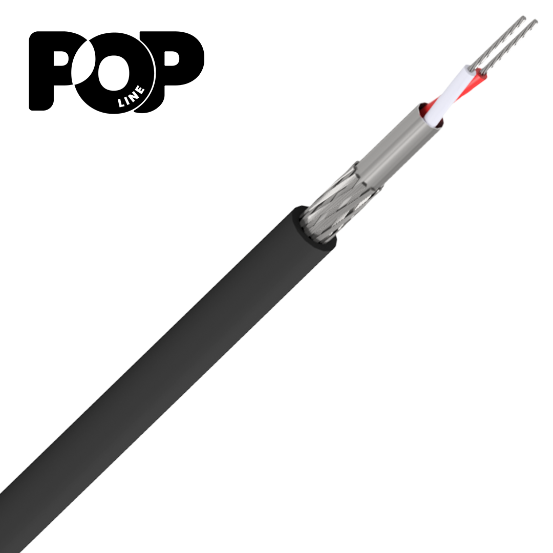 Pop Line MIC-020 Cabo microfone POP-Line com revestimento externo preto, blindagem metálica e condutores internos 0,20mm² isolados em branco e vermelho
