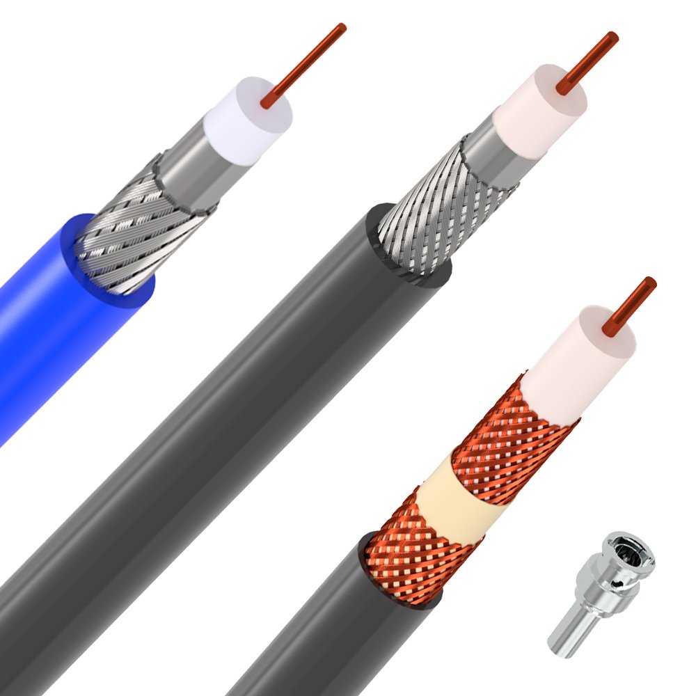 Variedade de cabos coaxiais para broadcasting sendo, cabo superior com camada externa preta, blindagem trançada, fita aluminizada e condutor em cobre; cabo do meio composto por blindagem trançada, fita aluminizada e condutor em cobre; e cabo inferior com blindagem trançada em cobre nu e condutor em cobre nu. Ao lado, peças desmontadas de um conector coaxial.