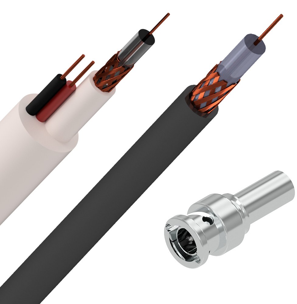 Variedade de cabos coaxiais para CFTV sendo, cabo superior com camada externa preta, blindagem trançada, fita aluminizada e condutor em cobre; cabo do meio composto por blindagem trançada, fita aluminizada e condutor em cobre; e cabo inferior com blindagem trançada em cobre nu e condutor em cobre nu. Ao lado, peças desmontadas de um conector coaxial.