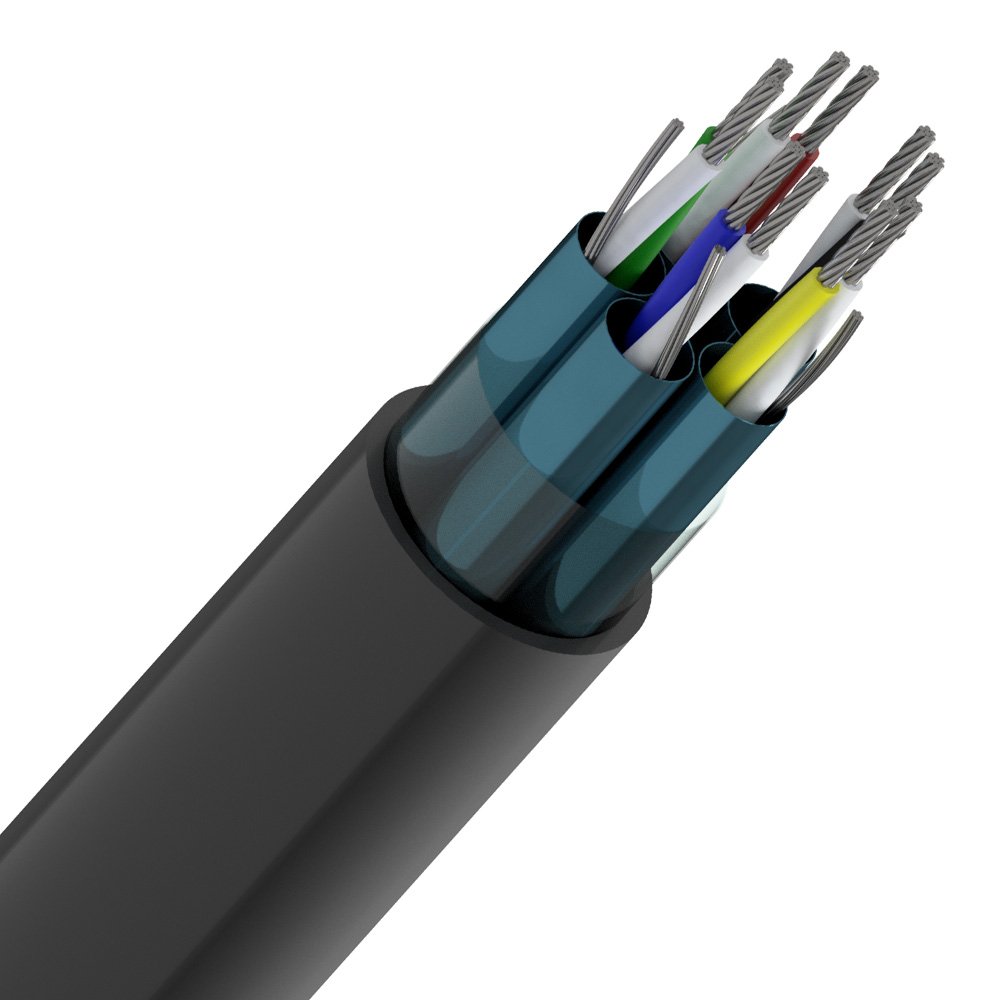 Dois cabos AFD contra um fundo branco, com as extremidades expostas revelando fios coloridos e isolamento metálico.