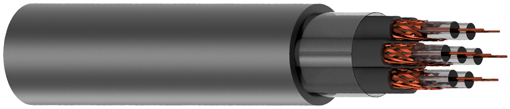 Camada 20 Um cabos multivias com a cobertura externa preta, composto por várias vias de um RF 75 0,4/2,5, todas envoltas por uma fita de poliéster.