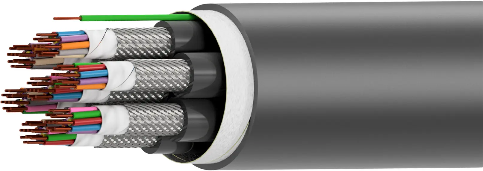 Corte transversal de cabos especiais modulares, mostrando múltiplos subcabos blindados e condutores coloridos, ideal para transmissão de dados.