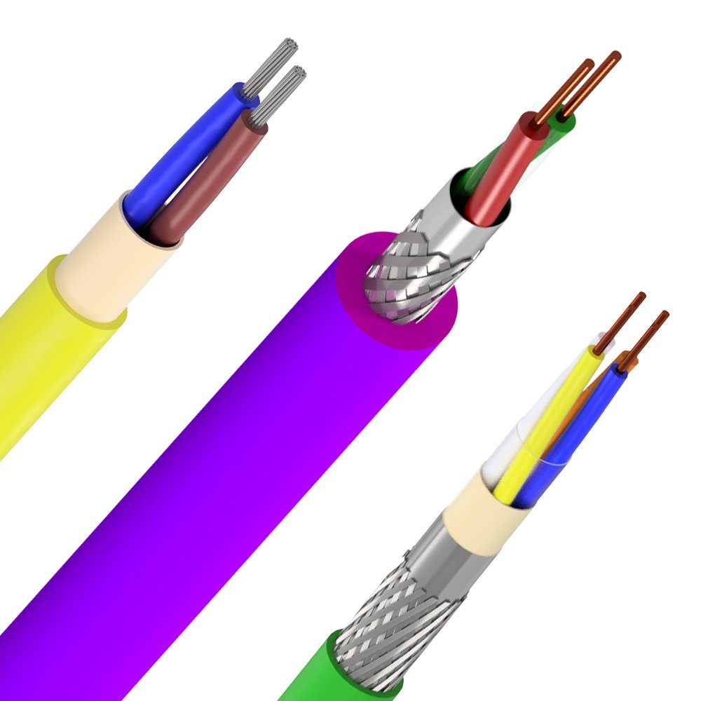 Três cabos de comunicação industrial, cada um com fios internos coloridos expostos. O cabo amarelo superior é um AS-Interface, ao meio Um cabo roxo profibus DP e o cabo verde inferior se trata de um Profinet Flex type B