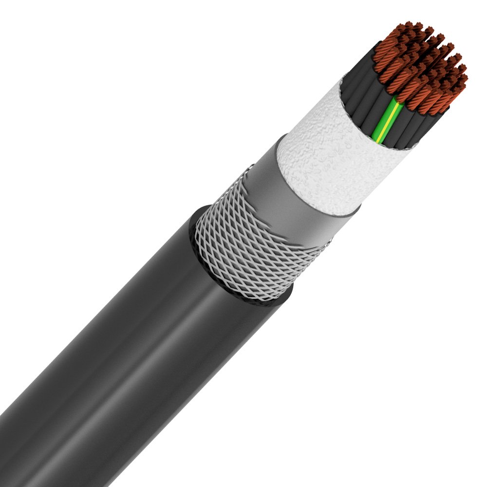Cabo multi-condutor preto com revestimento PU, revelando uma variedade de fios internos pretos numerados, envolto de camadas de blindagem, capa e fita de tnt.