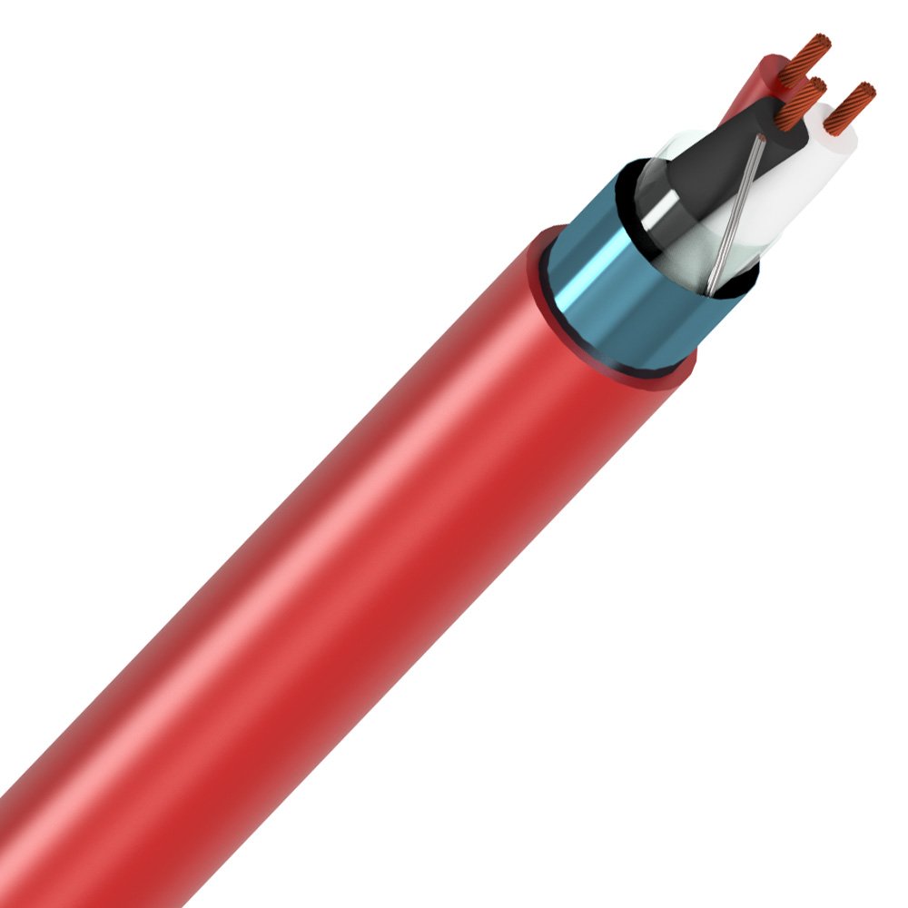 Três cabos para alarme de incêndio vermelhos com as extremidades desencapadas, revelando fios internos de várias cores.