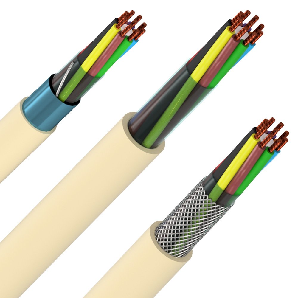 Três cabos Manga, cada um com um conjunto diferente de fios coloridos internos e blindagem, todos contra um fundo branco.