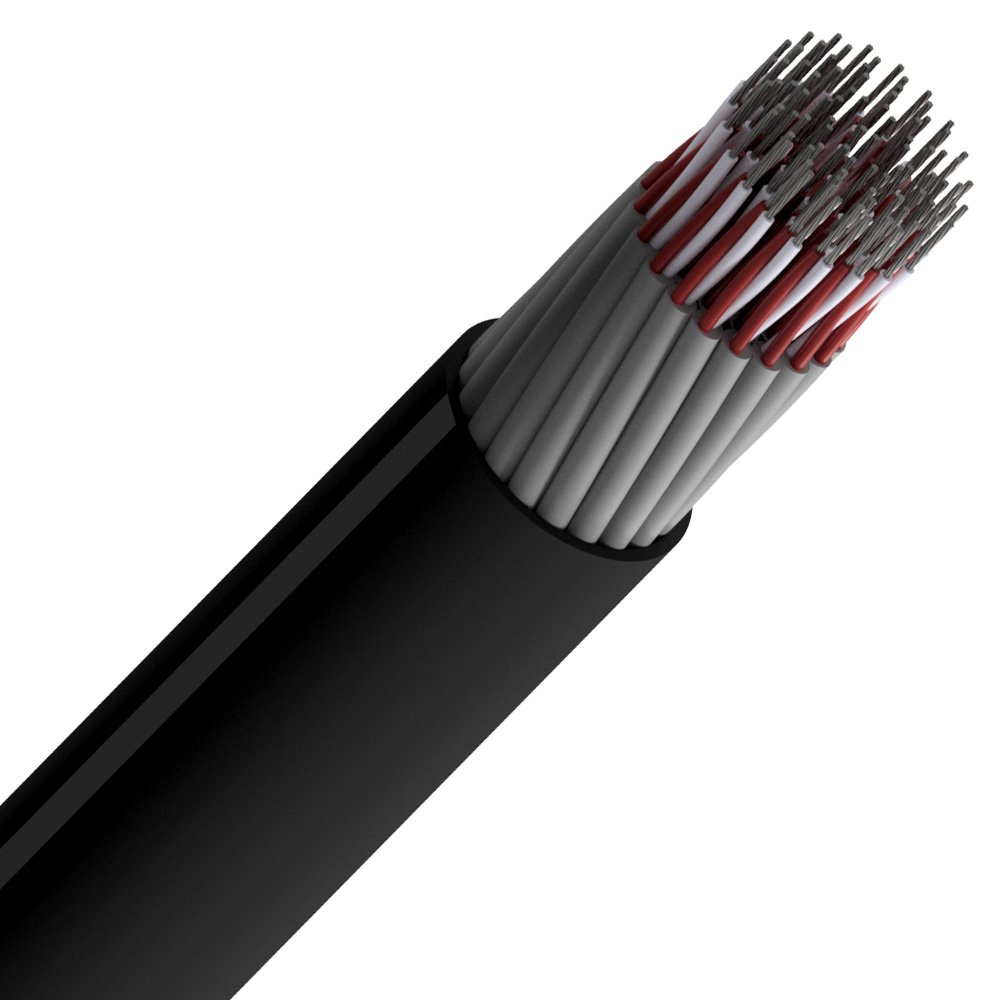 Multilink Multicabo com revestimento externo preto, exibindo vรกrios fios internos de cobre agrupados e isolados em cinza e vermelho.