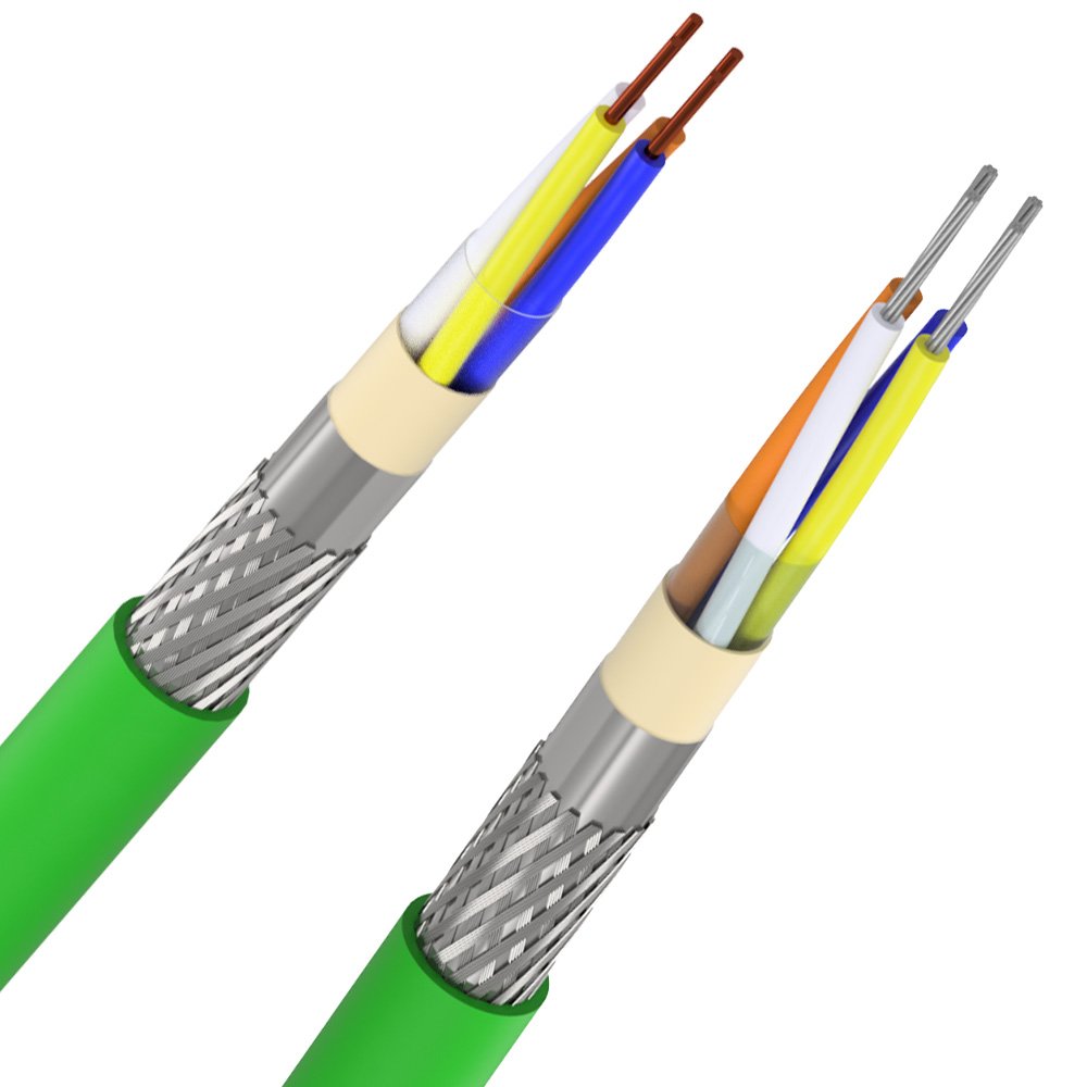 cabos elétricos com isolamento verde, cortados para expor a blindagem prateada e os fios internos coloridos. Os fios dentro de cada cabo são laranja, azul, amarelo e marrom, com fios adicionais menores
