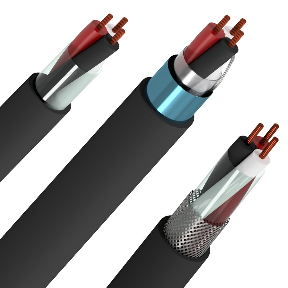 Três tipos de cabos para instrumentação, cada um com um conjunto diferente de fios coloridos internos e blindagens diferentes, todos contra um fundo branco.