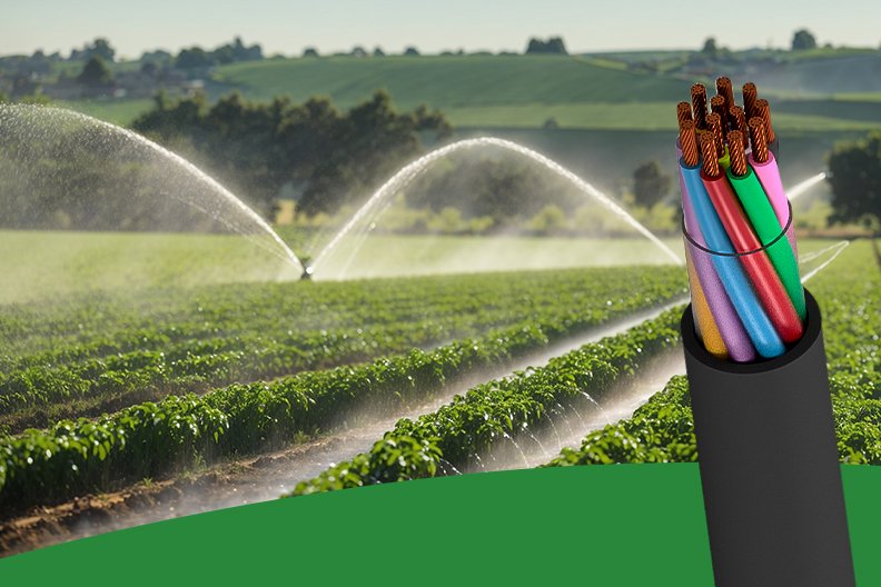 CABOS CONTROL PIVOT – CENTRAL DE IRRIGAÇÃO Imagem de um sistema de irrigação por pivô central em lavoura verde, com jatos d’água. À direita, um Cabo Agronegócio exposto.