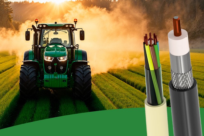 CABOS PARA AUTOMAÇÃO AGRÍCOLA Trator com implemento agrícola operando em plantação. No primeiro plano, cabos elétricos e cabo agronegócio expostos para automação agrícola.