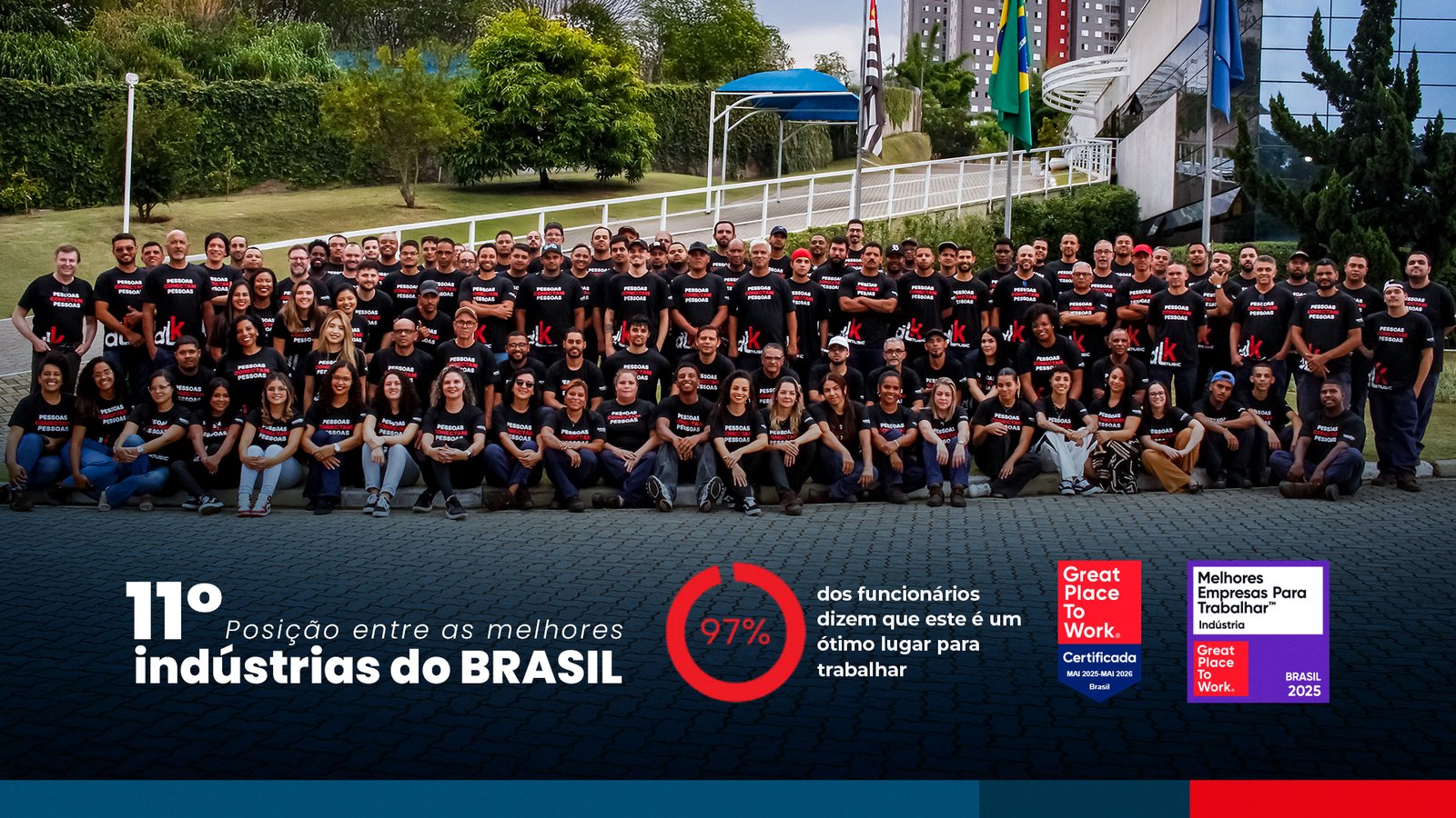 Fotografia de um grande grupo de pessoas vestindo camisetas escuras, posando em frente à entrada do prédio da Datalink, com uma placa da empresa ao fundo e um céu azul repleto de nuvens acima.
