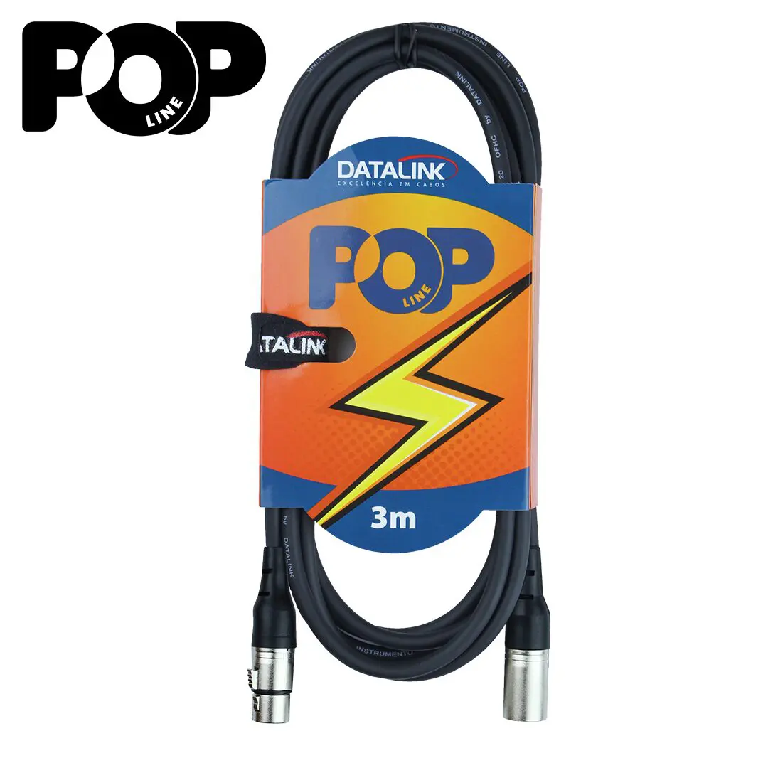 Cabo microfone POP Line de 3 metros com conectores XLR, embalado em cinta colorida com logotipo 'POP Line' e um design com raio amarelo.