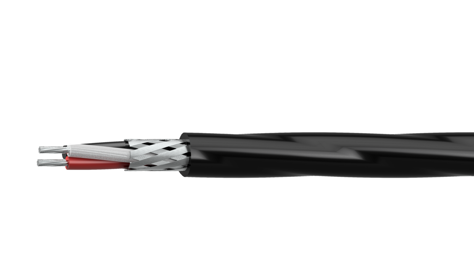 Cross-section of a black electrical cable showing multiple braided shielding strands, insulated conductors, and a black outer jacket.